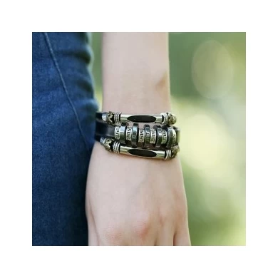 2018 New Trend Men's Leather Beaded Bracelets Handmade Beaded Leather Bracelets for Boy with Metal Clasp