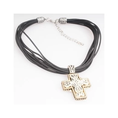 Black Leather Cords Cross Pendant Necklace