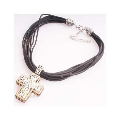 Black Leather Cords Cross Pendant Necklace