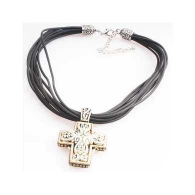 Black Leather Cords Cross Pendant Necklace