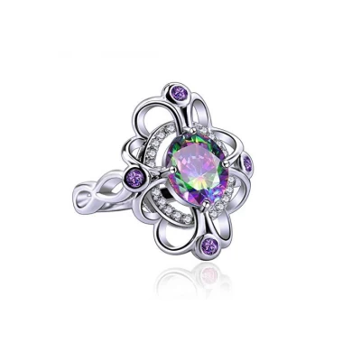 China Manufacturer 925 Sterling Silver Created Rainbow Topaz Statement Ring for Women