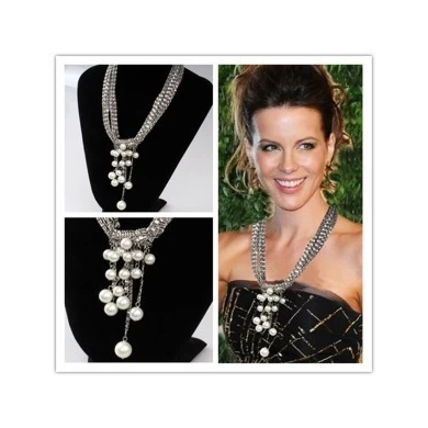 Guangzhou market fashion jewelry white gold plated  metal brass chain link charm pearl tassel necklace