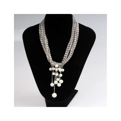 Guangzhou market fashion jewelry white gold plated  metal brass chain link charm pearl tassel necklace