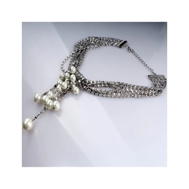 Guangzhou market fashion jewelry white gold plated  metal brass chain link charm pearl tassel necklace