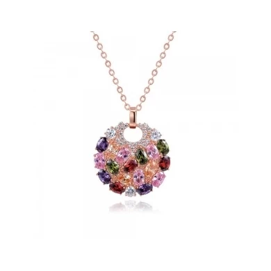 Hot Sale Rose Gold Plated Multicolor Top Cubic Zircon Paved Big Round Pendant Necklace