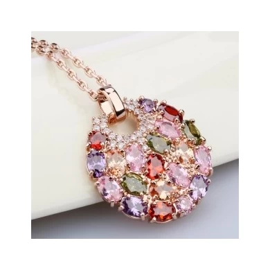 Hot Sale Rose Gold Plated Multicolor Top Cubic Zircon Paved Big Round Pendant Necklace