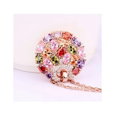 Hot Sale Rose Gold Plated Multicolor Top Cubic Zircon Paved Big Round Pendant Necklace