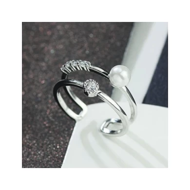Wholesale copper alloy open love tiny zircon pearl designs double ring for woman