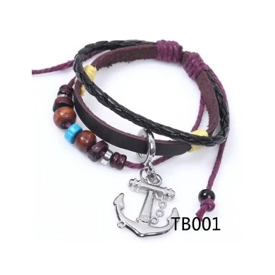 mens wrap leather wood bead anchor sailor bracelet TB001