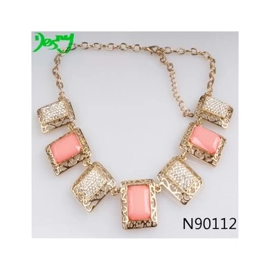 pink coral resin stone charm gold statement necklace N90112