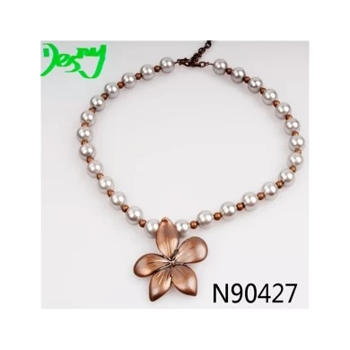 vintage boutique fabric flower pearl pendant necklace N90427