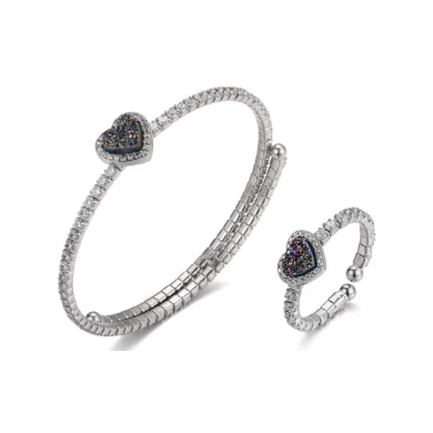 zircon wholesale costume s925 sterling silver natural druzy stone fashion ring and bracelet jewelry set for women
