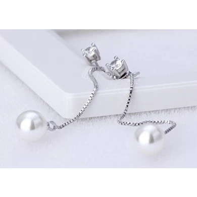18K White plated long earring for women CZ Pearl earrings for women wedding Silver earring manufacturer
