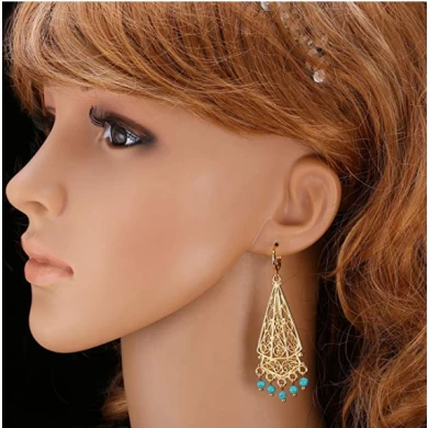 2018 Hot Vintage Earrings Women Indian Jewelry 18K Gold Plated Turquoise Chandelier Drop Earrings