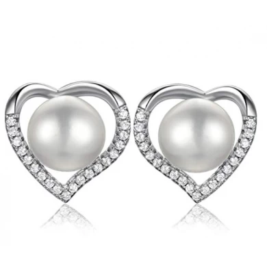 925 Sterling Silver Heart shaped  Earrings with Diamonds and Pearls for Woman