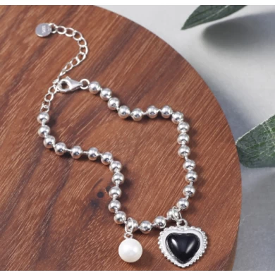 Black agate love pearl 925 sterling silver bracelet manufacturer