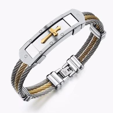 China Jewelry Wholesale Men's Stainless Steel Titanium Bracelets, Triple Steel Wire Charm Bangles Metal Cross Buckle
