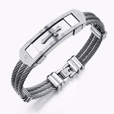 China Jewelry Wholesale Men's Stainless Steel Titanium Bracelets, Triple Steel Wire Charm Bangles Metal Cross Buckle