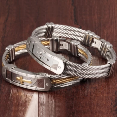 China Jewelry Wholesale Men's Stainless Steel Titanium Bracelets, Triple Steel Wire Charm Bangles Metal Cross Buckle