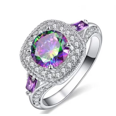 China Wholesale 925 Sterling Silver Round Created Rainbow Topaz Ring for Woman