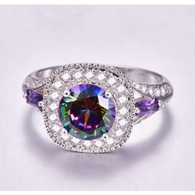 China Wholesale 925 Sterling Silver Round Created Rainbow Topaz Ring for Woman
