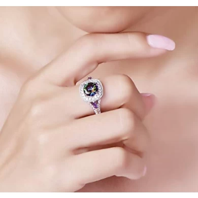 China Wholesale 925 Sterling Silver Round Created Rainbow Topaz Ring for Woman