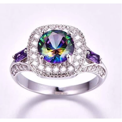 China Wholesale 925 Sterling Silver Round Created Rainbow Topaz Ring for Woman
