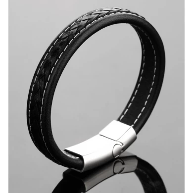 China Wholesale Fashion black Mens jewelry Genuine Leather bracelet with Stainless steel buckle