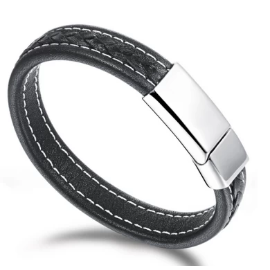 China Wholesale Fashion black Mens jewelry Genuine Leather bracelet with Stainless steel buckle