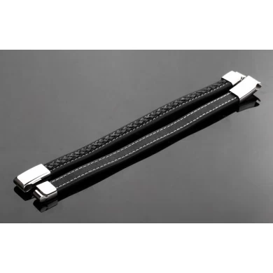 China Wholesale Fashion black Mens jewelry Genuine Leather bracelet with Stainless steel buckle