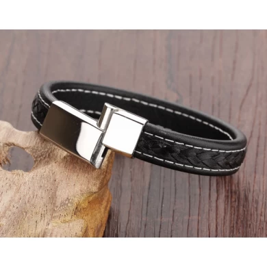 China Wholesale Fashion black Mens jewelry Genuine Leather bracelet with Stainless steel buckle