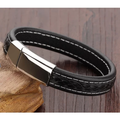 China Wholesale Fashion black Mens jewelry Genuine Leather bracelet with Stainless steel buckle
