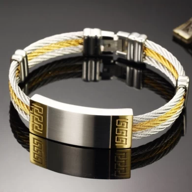 China fabricante hombres de acero inoxidable brazaletes de oro de joyería de titanio, al por mayor brazaletes de alambre triple pulseras para hombre con placa de metal en blanco
