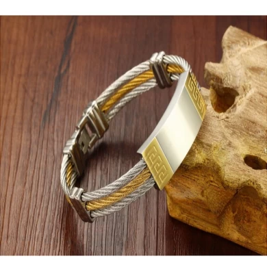 China fabricante hombres de acero inoxidable brazaletes de oro de joyería de titanio, al por mayor brazaletes de alambre triple pulseras para hombre con placa de metal en blanco