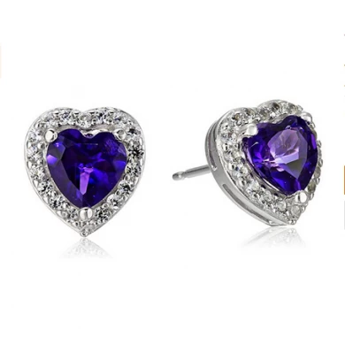 Custom Sterling Silver Birthstone and Created White Sapphire Halo Heart Stud Earrings Manufacturer China