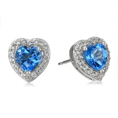 Custom Sterling Silver Birthstone and Created White Sapphire Halo Heart Stud Earrings Manufacturer China