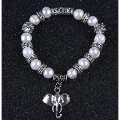 Elephant Pendant 10mm White Pearl Alloy Bracelet Supplier China