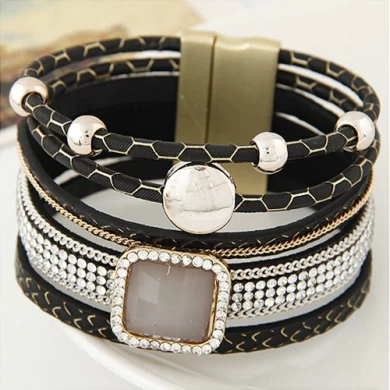 Europe and the United States retro trend multi - layer gem bracelet Korean fashion leather ultra - wide magnet buckle bracelet wholesale online jewelry