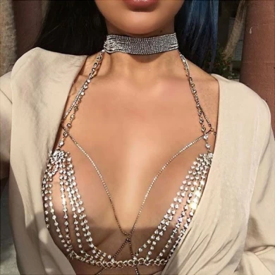 Fashion Hot Sale Crystal Ornament Custom Bikini Gypsy Top Harness Triangle Bra Body Chest Chain Necklace Jewelry