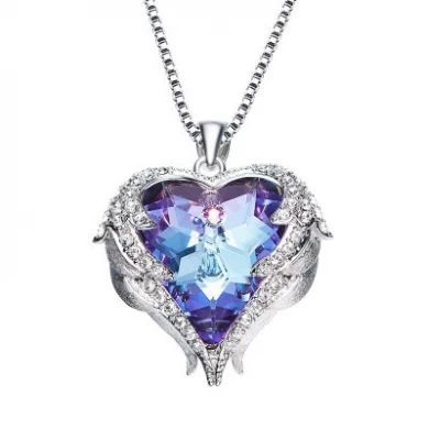 Latest fashion jewelry explosion models female ocean heart purple diamond Austria crystal pendant sweater necklace