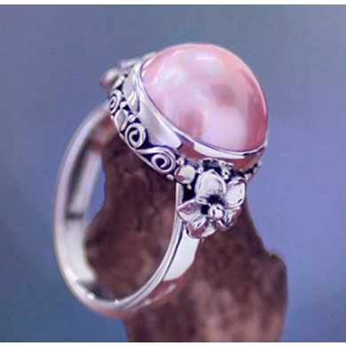 Pink Cultured Mabe Pearl 925 Sterling Silver Flower Ring Wholesale China