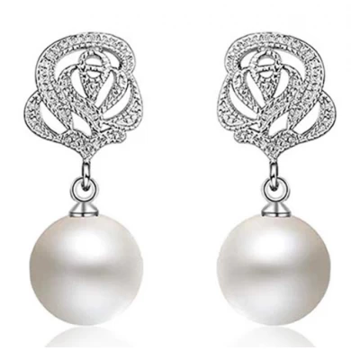 Vintage Pearl Earrings for Women Flower Drop Silver Pearl Dangle Earrings 10mm Wedding Jewelry