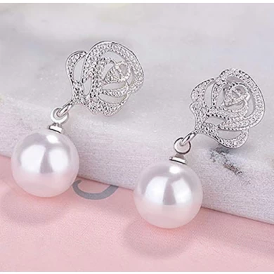 Vintage Pearl Earrings for Women Flower Drop Silver Pearl Dangle Earrings 10mm Wedding Jewelry