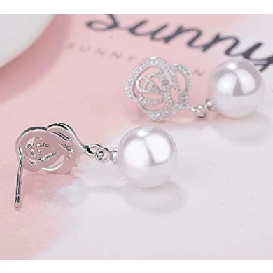 Vintage Pearl Earrings for Women Flower Drop Silver Pearl Dangle Earrings 10mm Wedding Jewelry