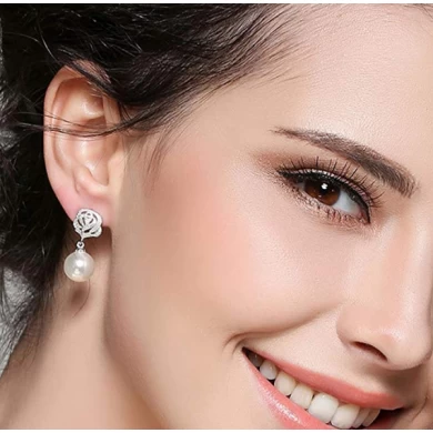 Vintage Pearl Earrings for Women Flower Drop Silver Pearl Dangle Earrings 10mm Wedding Jewelry