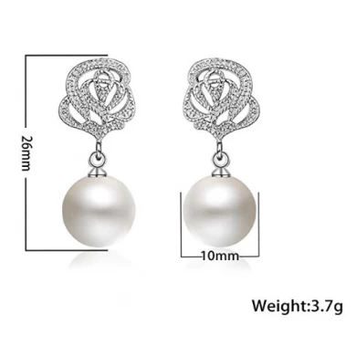 Vintage Pearl Earrings for Women Flower Drop Silver Pearl Dangle Earrings 10mm Wedding Jewelry