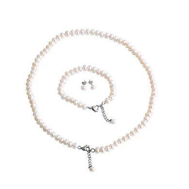 White Freshwater Pearl Necklace Earring Ear Studs Hand Chain 3 Piece Suit Manufacturer China