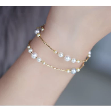 Wholesale Fashion 18K Rose Gold Plated Pearl Two Layers Chain Bracelet for Lady