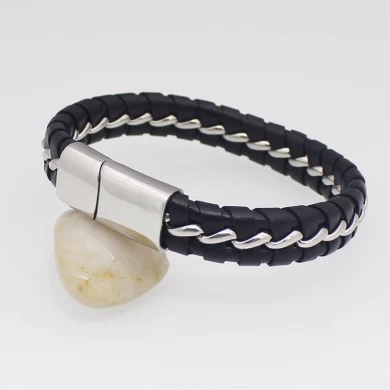 Venta al por mayor PU de cuero trenzado pulseras para hombre, los niños brazaletes de acero inoxidable pulseras de joyería con cierre de cierre magnético hecho en Shenzhen