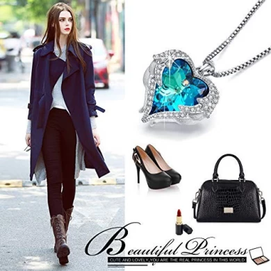 cute blue diamond heart of the sea pendant initial necklace bridal crystal jewelry